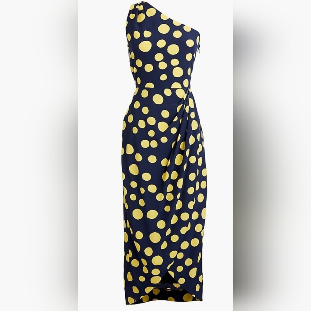 J. Crew Dress Womens Size 0 Navy Polka Dot One Shoulder Silk Tulip Faux Wrap